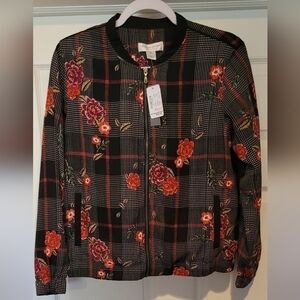 NWT Women's Christopher & Banks Black Plaid Floral Lightweight Full Zip Jacket